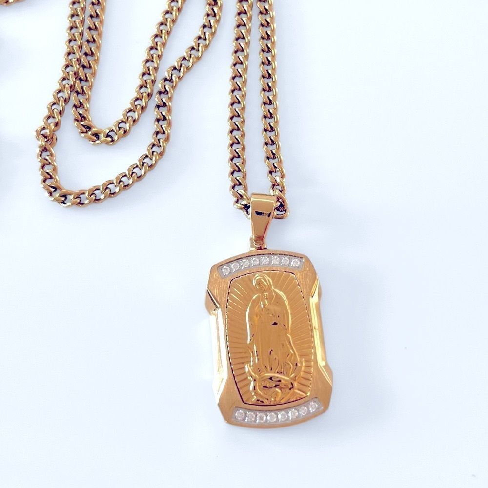 Our Lady Of Guadalupe White Diamond Stainless Steel Dog Tag Pendant Necklace